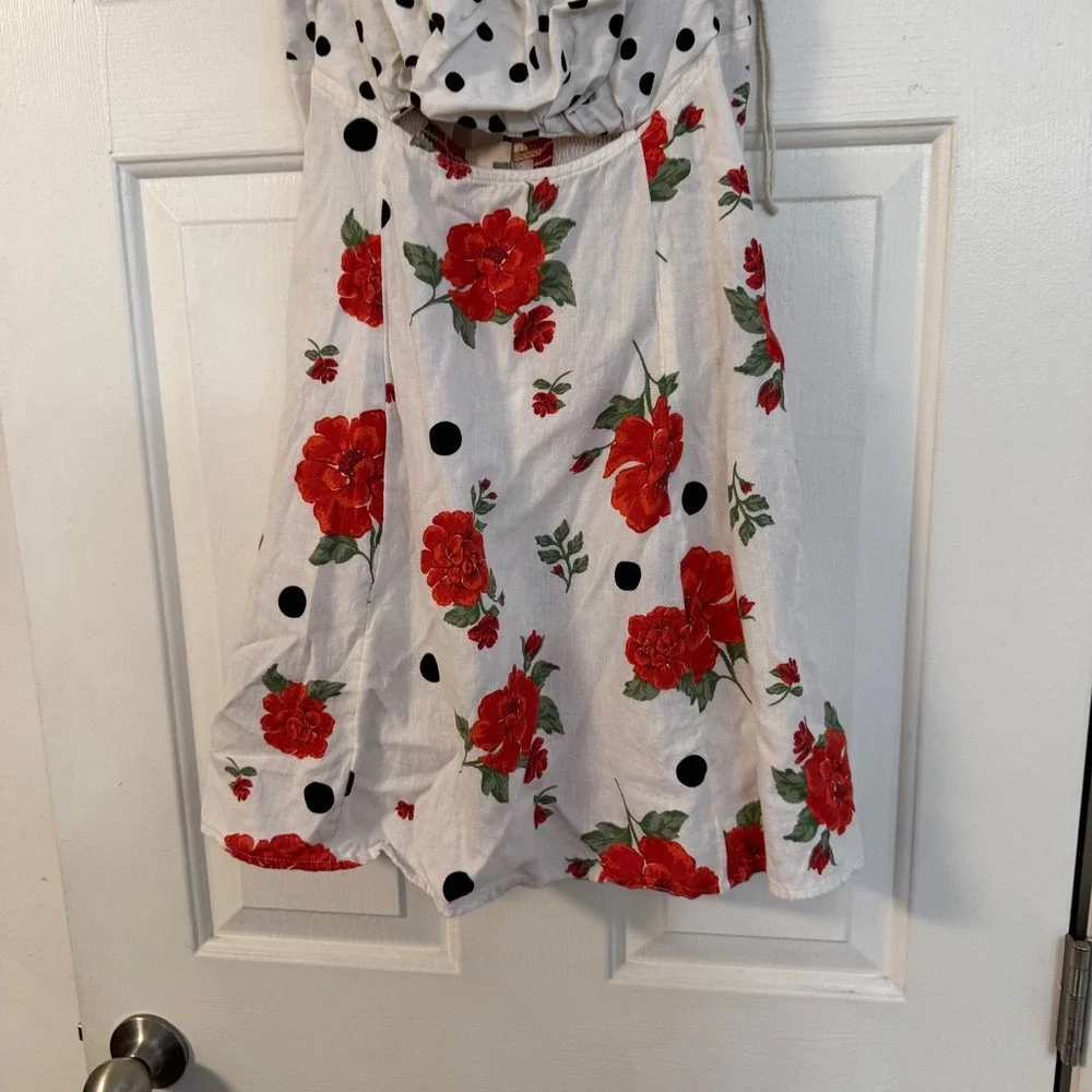 Free People Polka Dot Floral Mini Dress White Red Ruffle Cutout Tie Back Small S